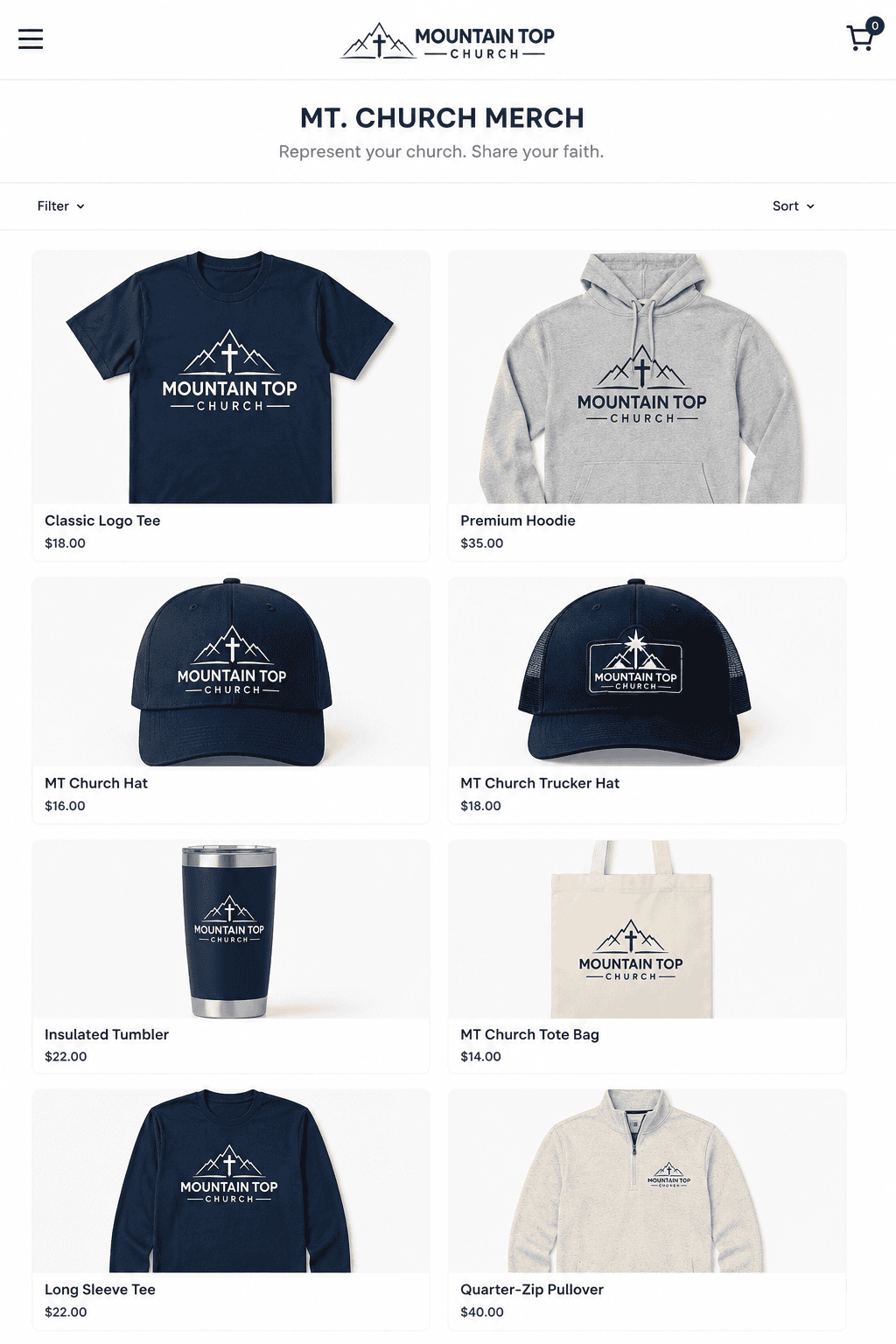 Mountain Top Church two-column online merch store showing branded apparel and accessories