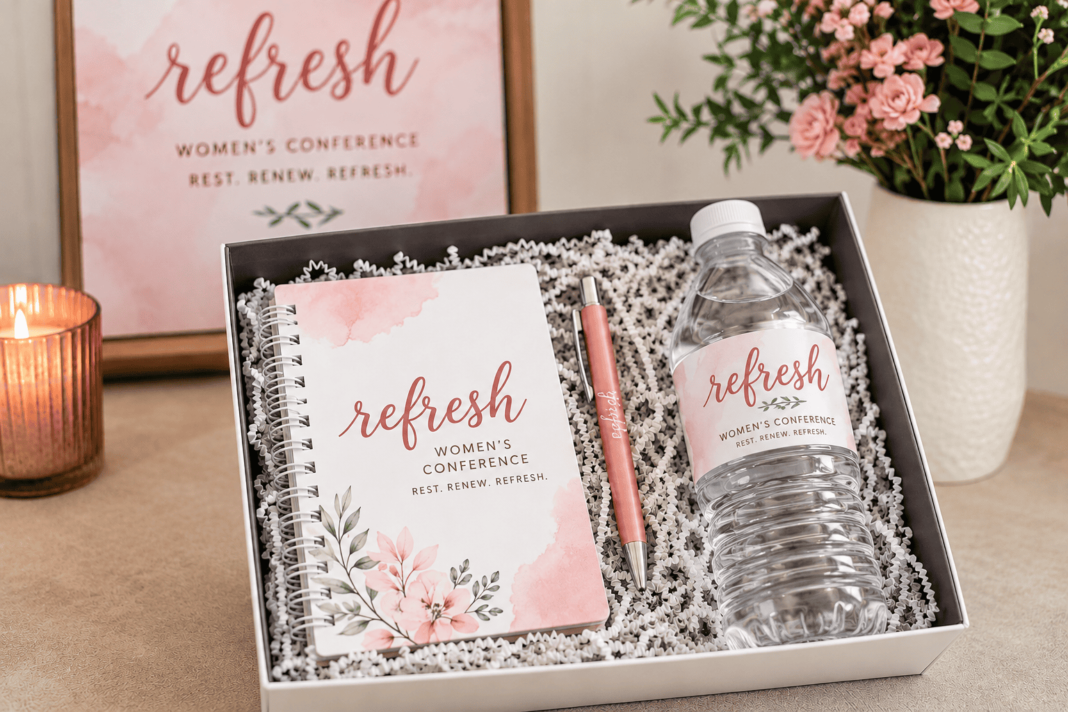 Refresh women’s conference gift set with branded notepad, pen and plastic water bottle