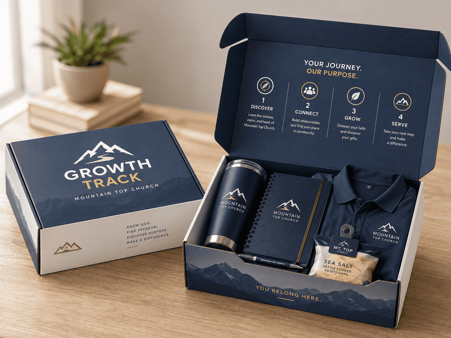 Mountain Top Church Growth Track welcome boxes and branded merchandise
