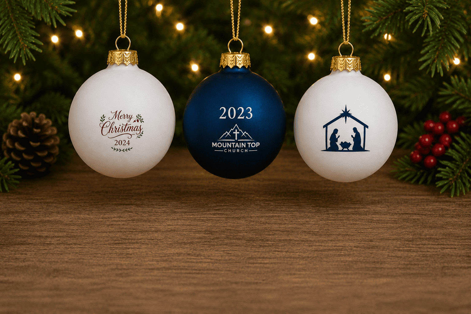 Three Mountain Top Church Christmas ornaments displayed against evergreen branches and warm holiday lights