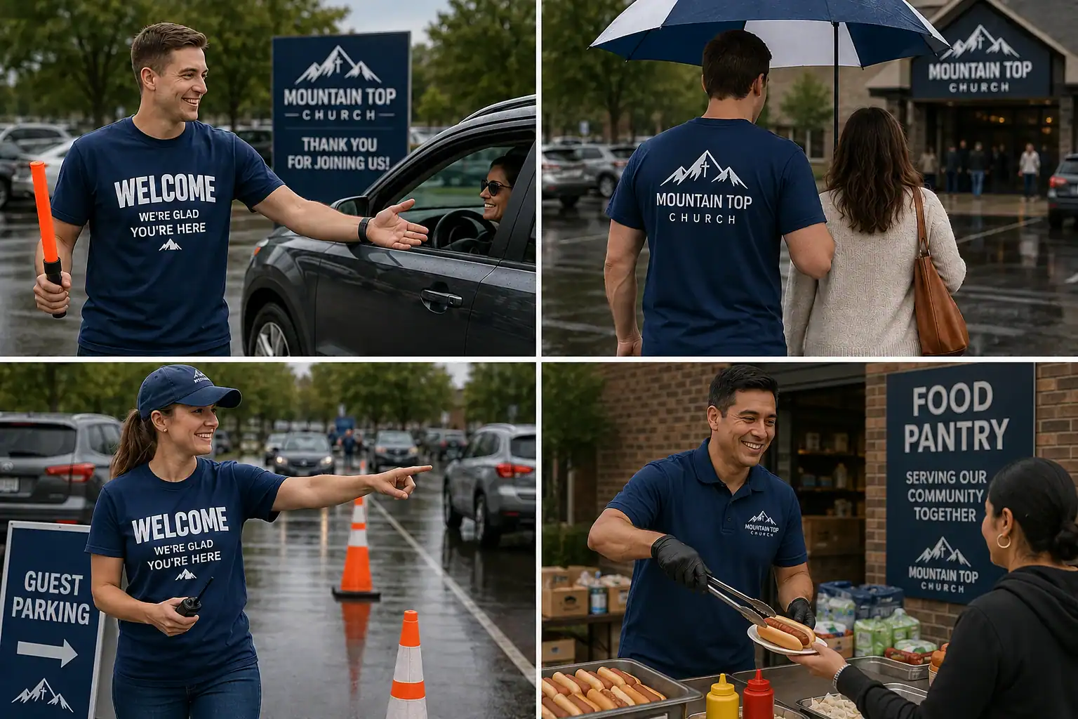 Four-panel collage of Mountain Top Church welcome volunteers in the parking lot and a volunteer serving hotdogs in front of a food pantry