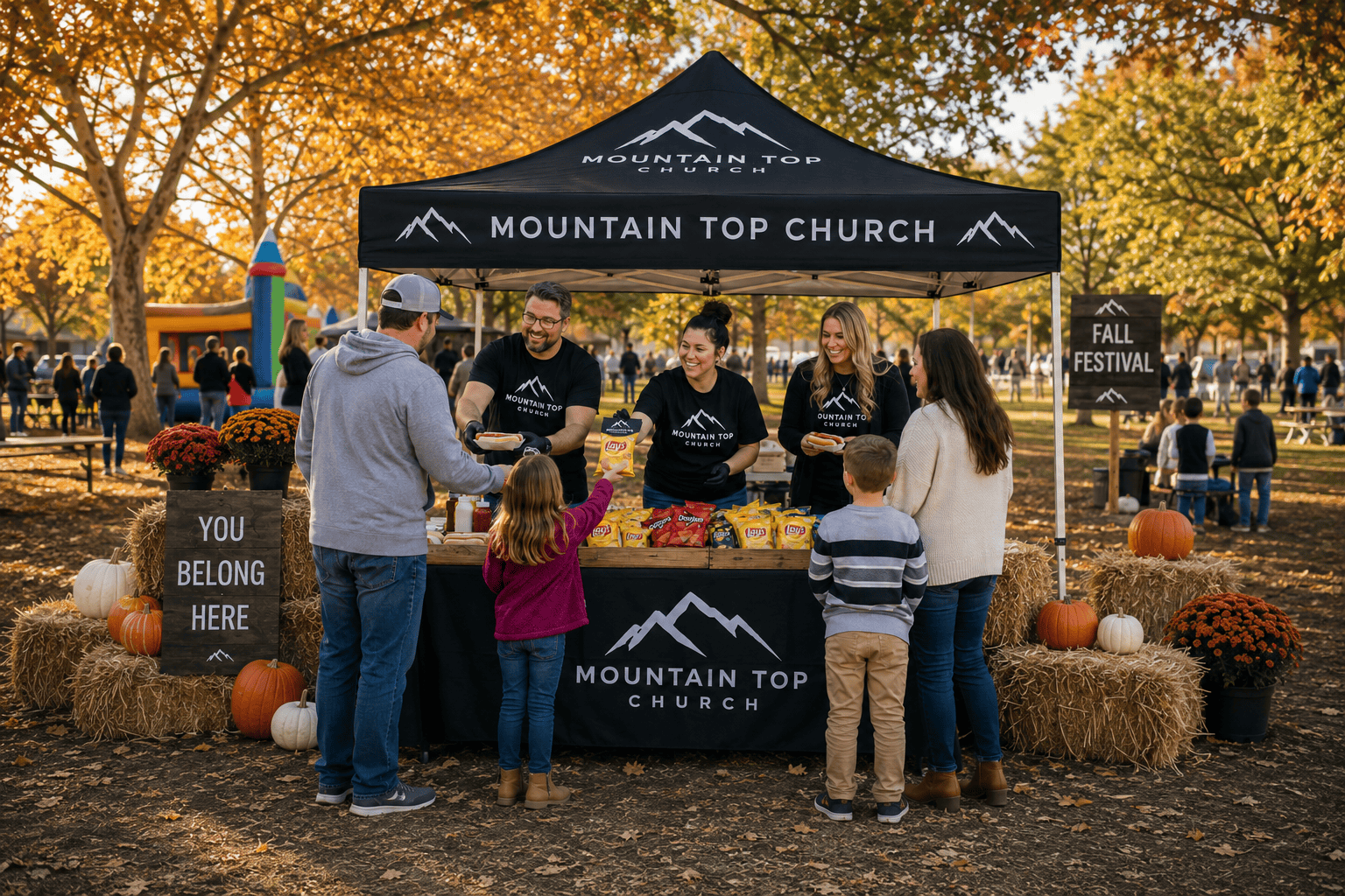 Mountain Top Church fall festival outreach booth with volunteers serving hot dogs and chips