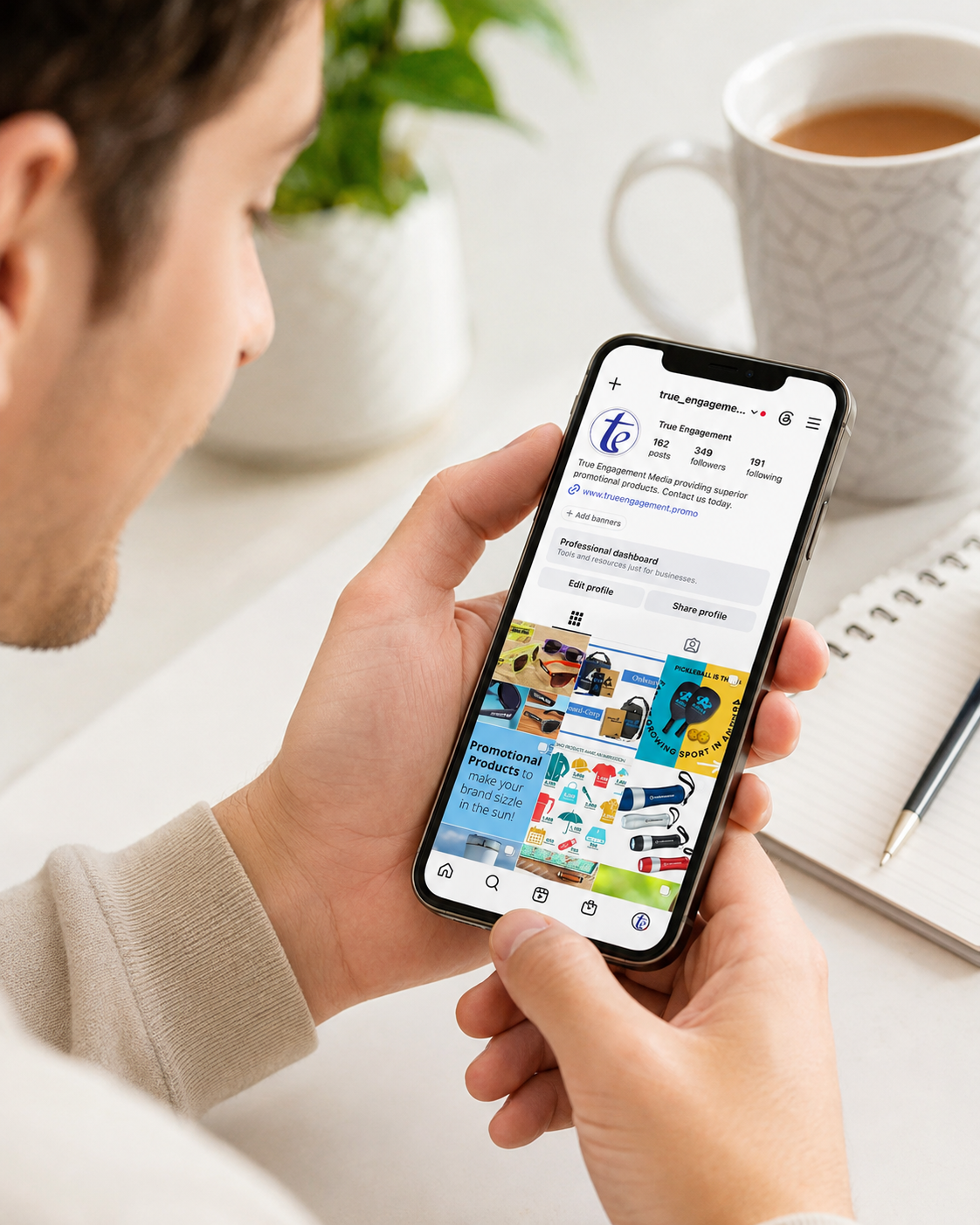 Person viewing the True Engagement Instagram profile on an iPhone