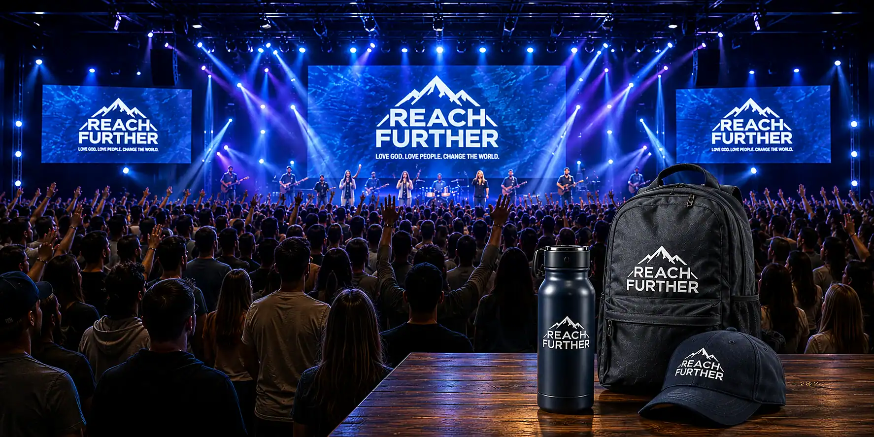 Church stage with Reach Further branding and coordinated promotional products