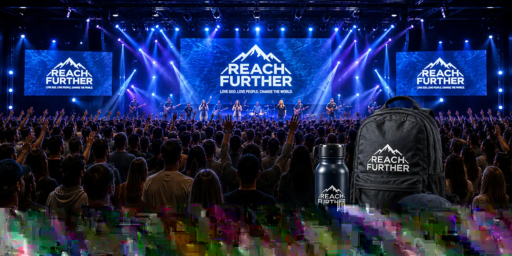 Church stage branding with coordinated promotional products