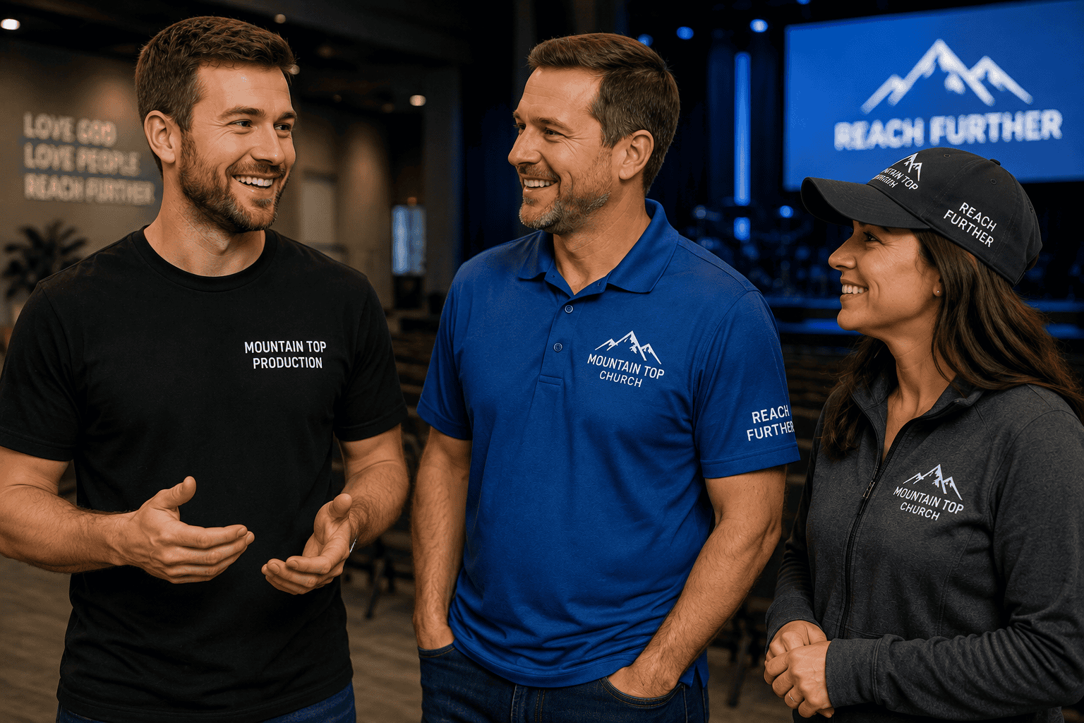 Three Mountain Top Church staff and ministry team members talking while wearing branded apparel