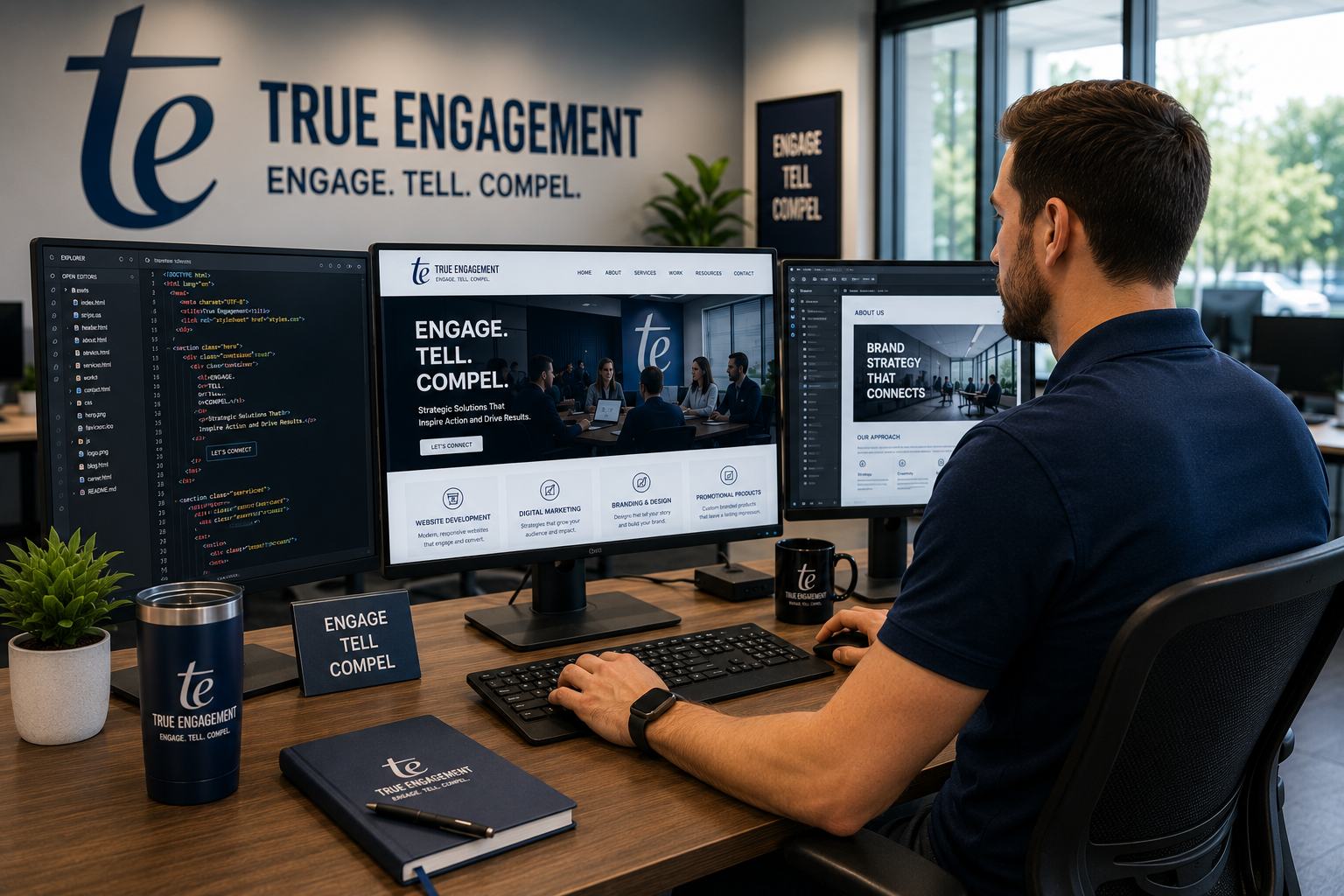 True Engagement website developer working at a multi-monitor workstation
