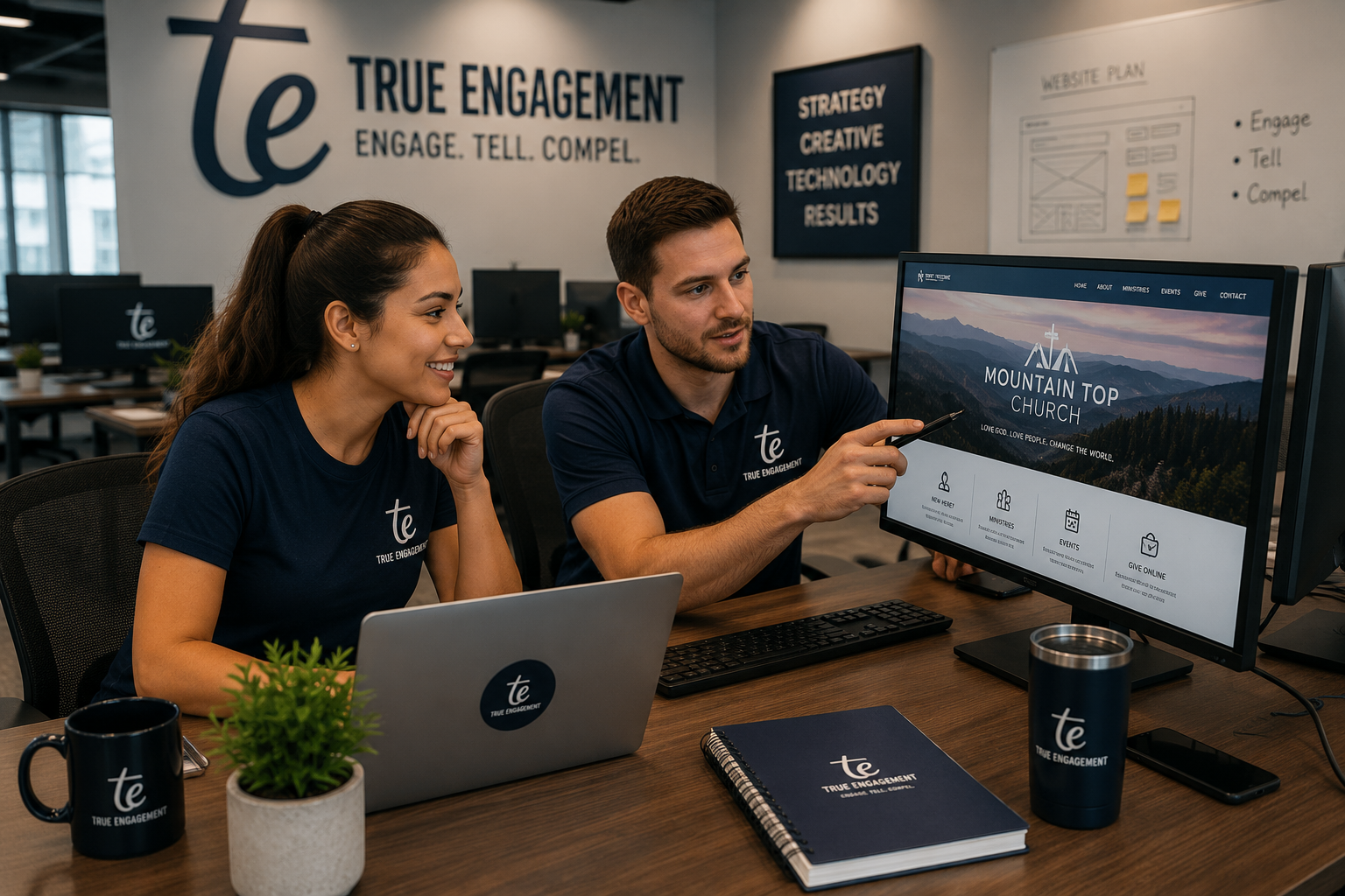Two True Engagement team members collaborating on a Mountain Top Church digital product