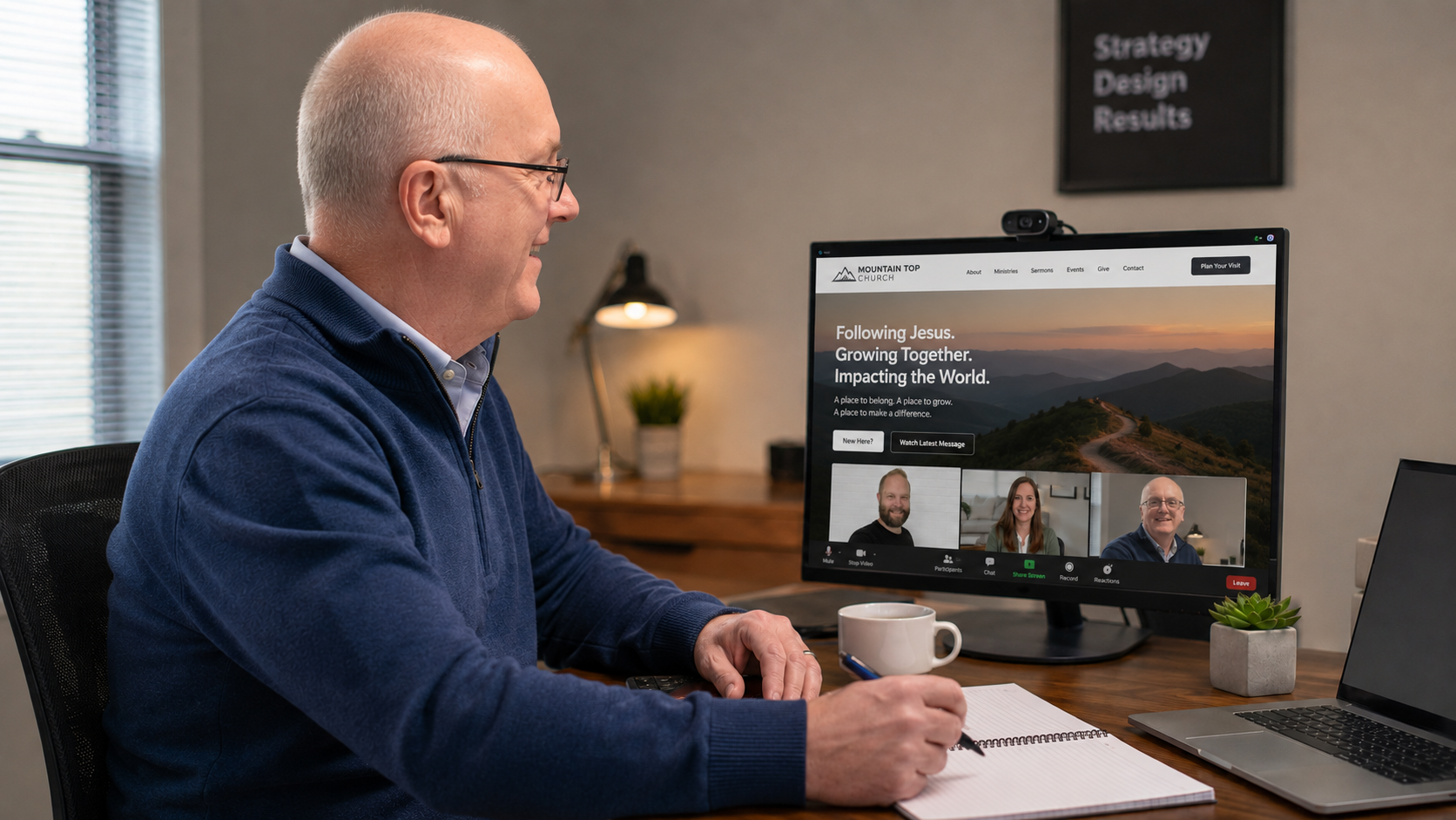 Virtual website consultation reviewing the Mountain Top Church website with three participants on a Zoom-style call