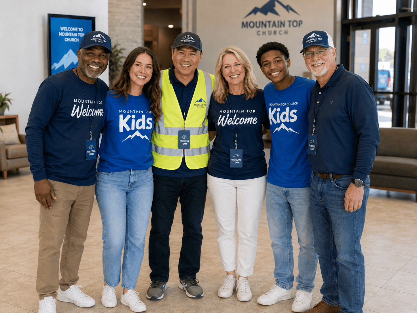 Six Mountain Top Church volunteers wearing branded welcome, kids ministry, and parking team apparel