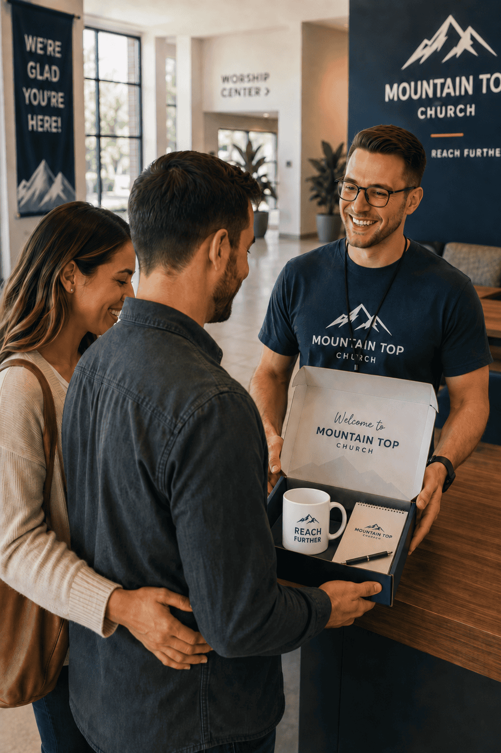 Mountain Top Church volunteer welcoming a couple with a guest gift box and single-handle Reach Further mug
